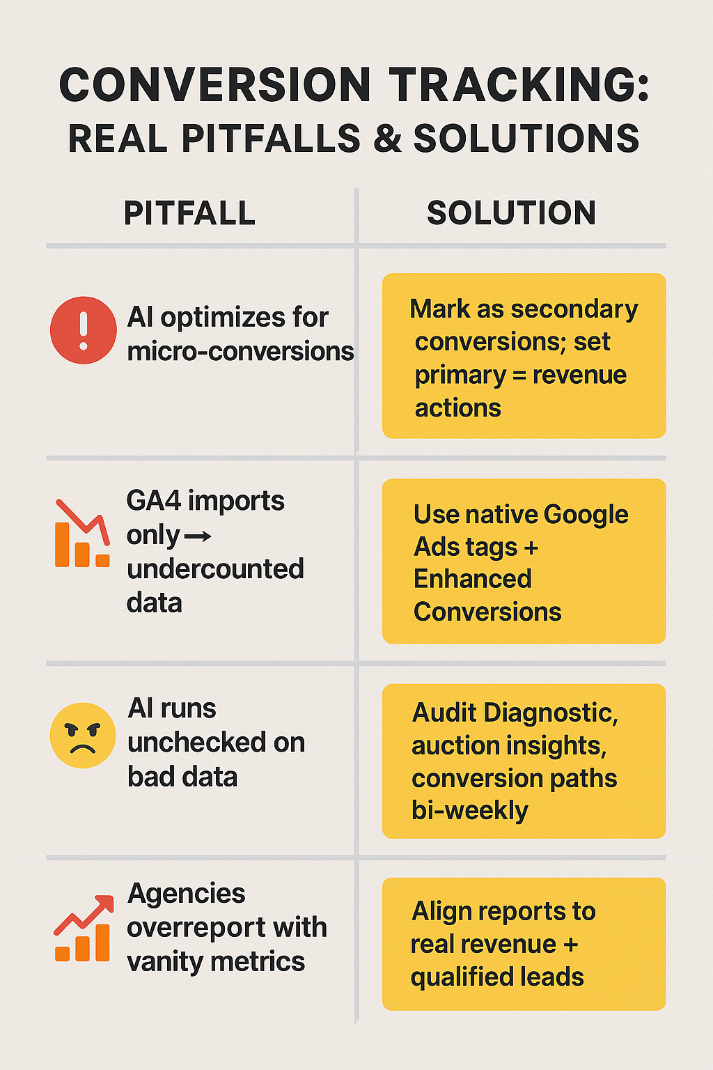 Infographic showing Google Ads conversion tracking pitfalls for 2026 like AI optimizing for micro-conversions, GA4 undercounting, bad data driving AI, and agencies overreporting vanity metrics, alongside solutions such as marking secondary conversions and using native tags.