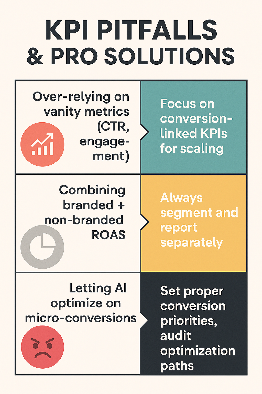 Infographic showing common KPI tracking pitfalls in 2026 and pro solutions, including over-relying on vanity metrics, combining branded and non-branded ROAS, and letting AI optimize micro-conversions, with fixes like focusing on conversion KPIs and proper segmentation.