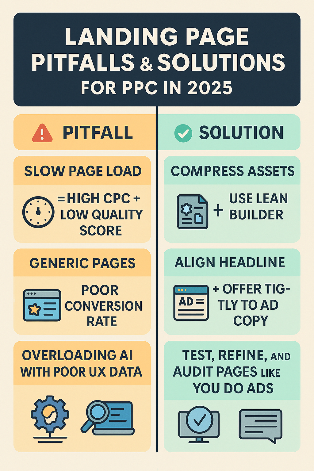 Infographic showing common PPC landing page pitfalls in 2026, including slow page load, generic pages, and poor UX data, paired with solutions like compressing assets, aligning headlines, and auditing pages like ads.
