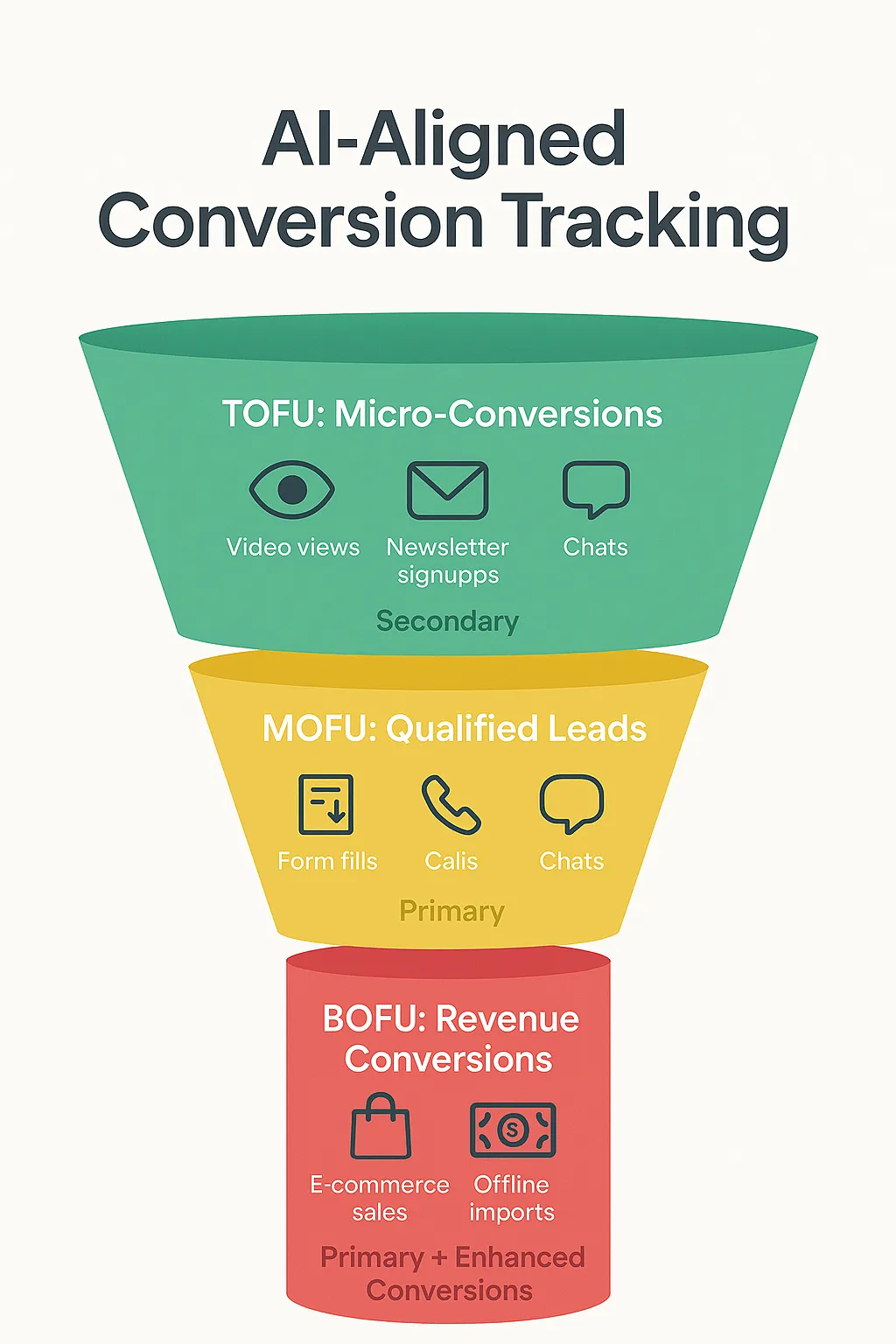 Funnel diagram showing Google Ads conversion tracking strategy for 2026, mapping TOFU micro-conversions like video views and signups, MOFU qualified leads like form fills and calls, and BOFU revenue actions like e-commerce sales and offline imports.