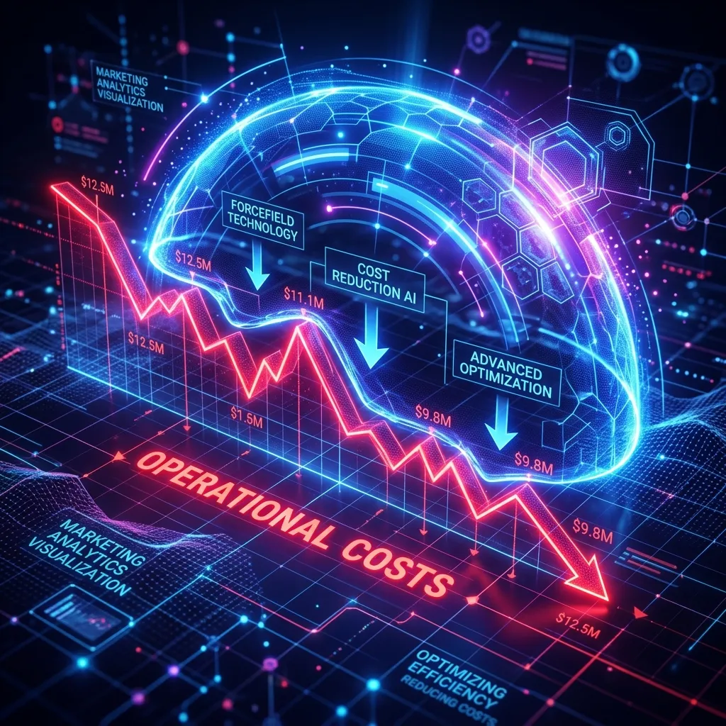 A premium, high-tech abstract 3D visualization showing a glowing red cost line being pushed downwards by a sleek blue digital forcefield.