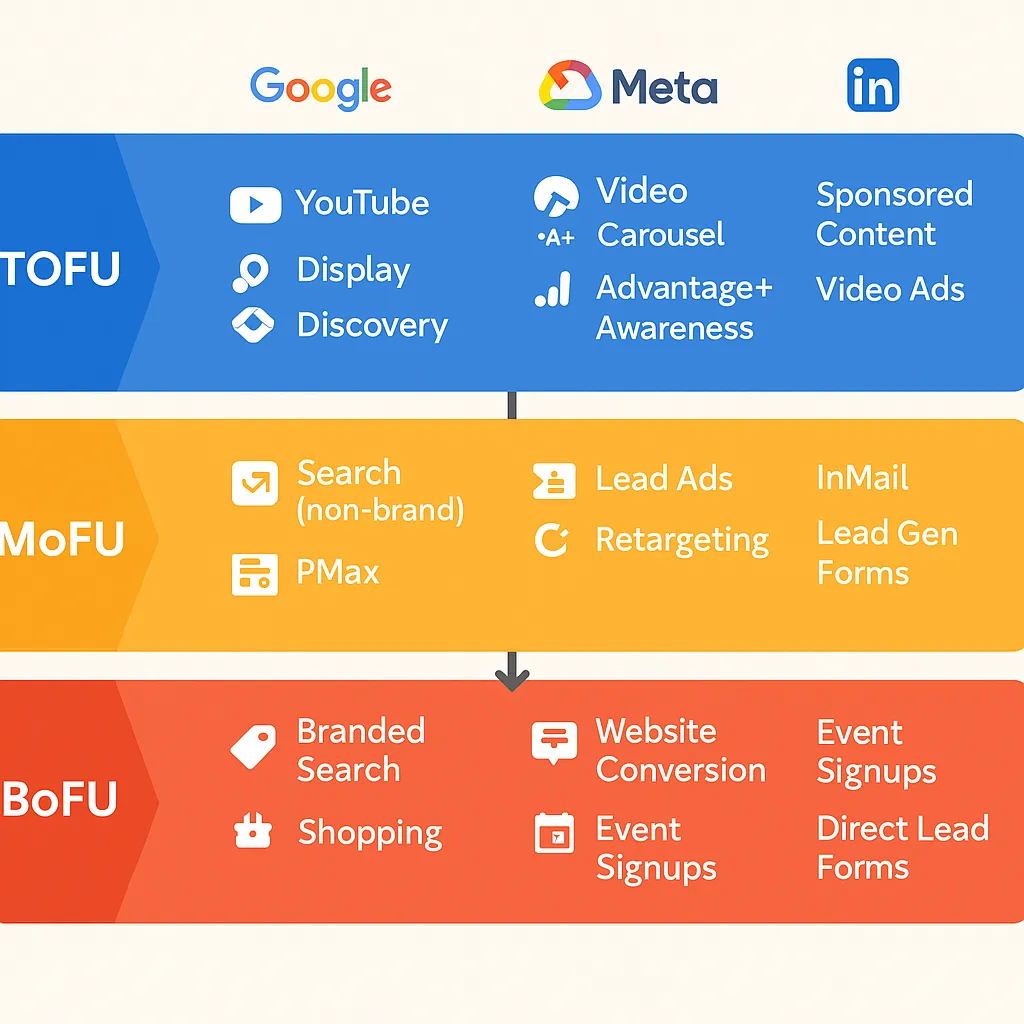 Diagram showing the 2026 Cross-Platform Ecosystem: Google Ads for capture, Meta Ads for demand generation, LinkedIn for B2B authority, and how data flows between them.