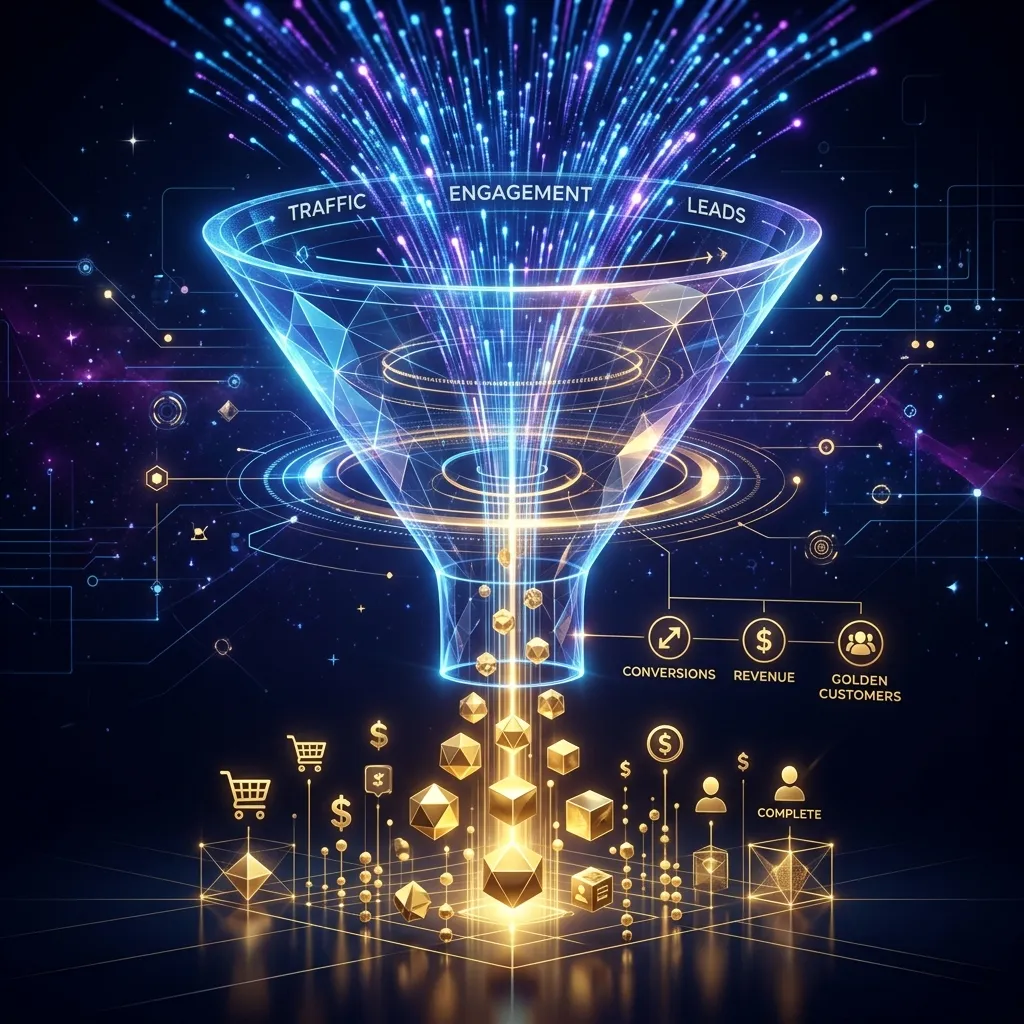A sleek, highly stylized 3D abstract visualization of a glowing digital conversion funnel, pulling in light particles and outputting solid gold data nodes.