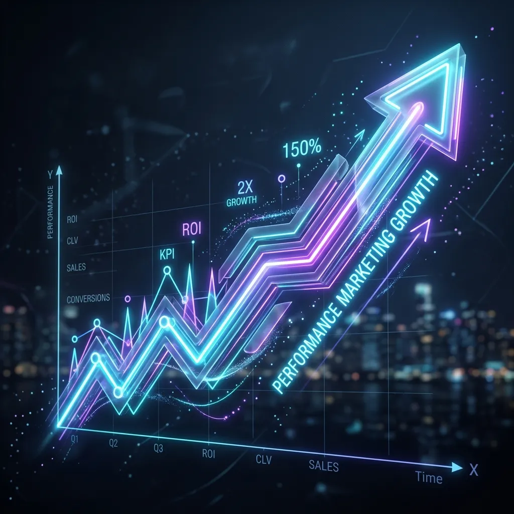 A premium, futuristic, high-end 3D rendering of a rising line graph transforming into a glowing neon arrow pointing up right, representing performance marketing growth.