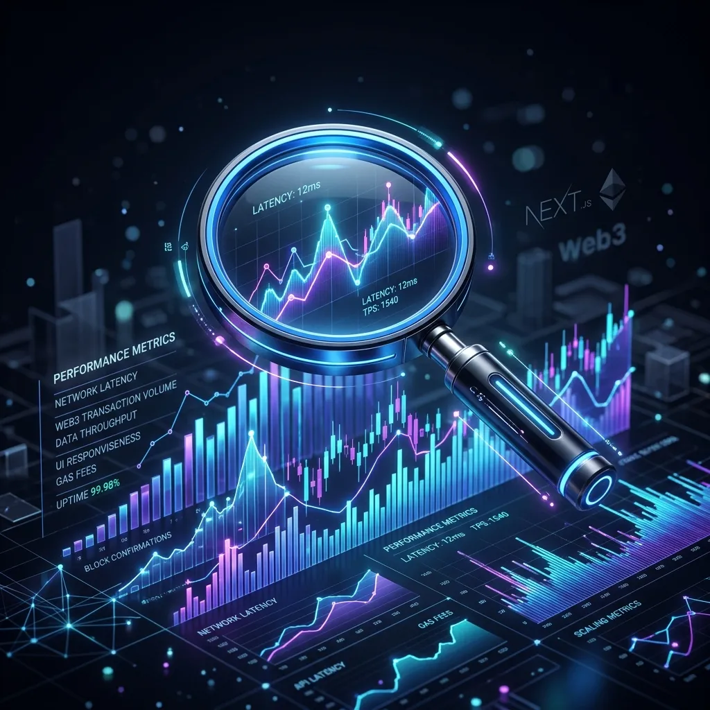 A sleek, premium, abstract 3D visualization of a magnifying glass hovering over glowing digital performance data charts on a dark background.