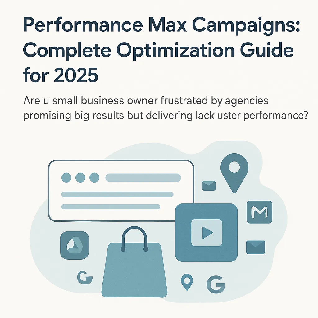 Header graphic for 'Performance Max Campaigns: Complete Optimization Guide for 2026' featuring Google ad icons like Gmail, YouTube, and Maps, aimed at small business owners.