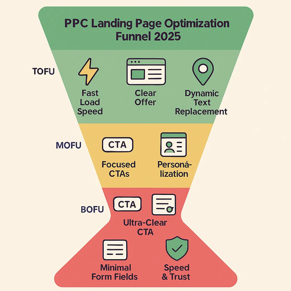Funnel diagram showing PPC landing page optimization best practices for 2026 across TOFU, MOFU, and BOFU stages, with icons for speed, clear offers, dynamic text replacement, focused CTAs, personalization, minimal form fields, and trust elements.