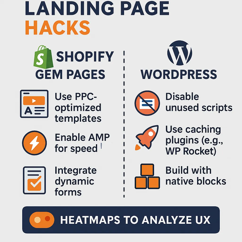 Infographic showing PPC landing page optimization hacks for Shopify Gem Pages and WordPress builders in 2026, with tips like using PPC-optimized templates, AMP for speed, disabling unused scripts, and caching plugins.