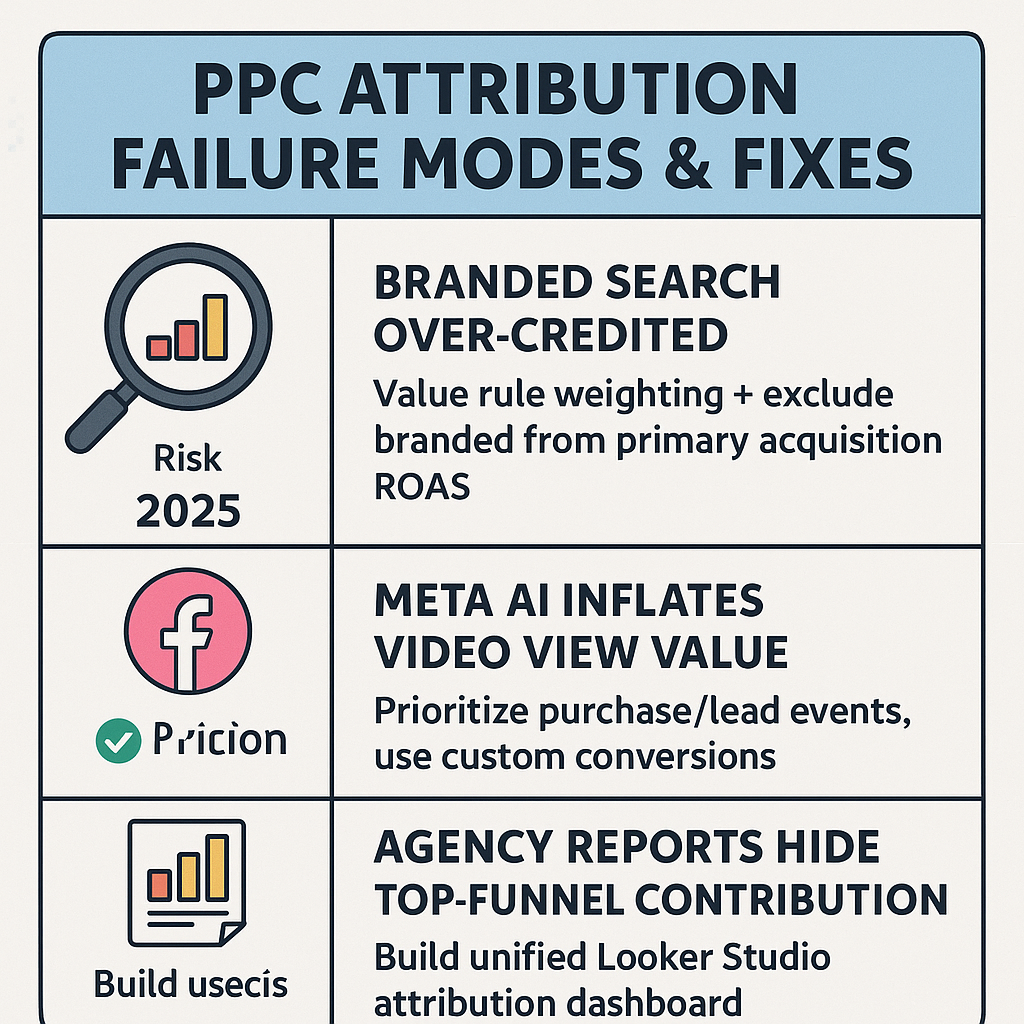 Infographic showing PPC attribution failure modes and fixes in 2025, including branded search over-credit, Meta AI inflating video views, and agency reports hiding TOFU value, with solutions like value rules, custom conversions, and unified dashboards.