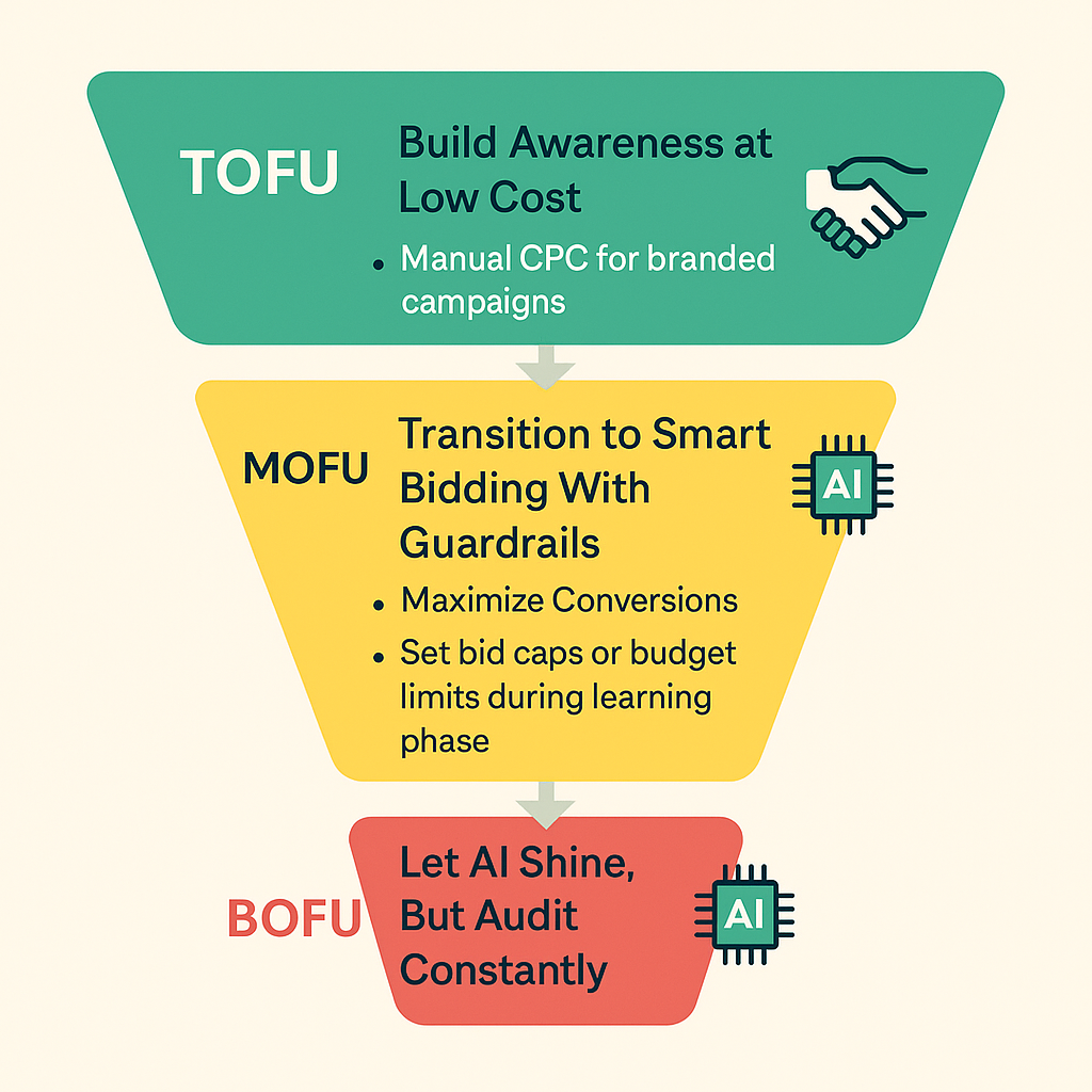 Funnel diagram illustrating manual and automated bidding strategies for Google Ads in 2025, showing TOFU with manual CPC, MOFU with smart bidding and bid caps, and BOFU with AI-driven Target CPA or ROAS and audit reminders.