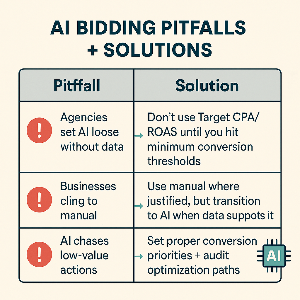 Infographic comparing common automated bidding pitfalls and solutions in 2025 Google Ads, showing issues like setting AI loose without data and solutions like waiting for minimum conversion thresholds.