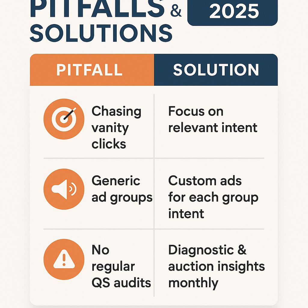Infographic listing common Quality Score pitfalls in Google Ads 2025, including chasing vanity clicks, generic ad groups, and no regular audits, with solutions like focusing on intent, custom ads, and monthly diagnostics.