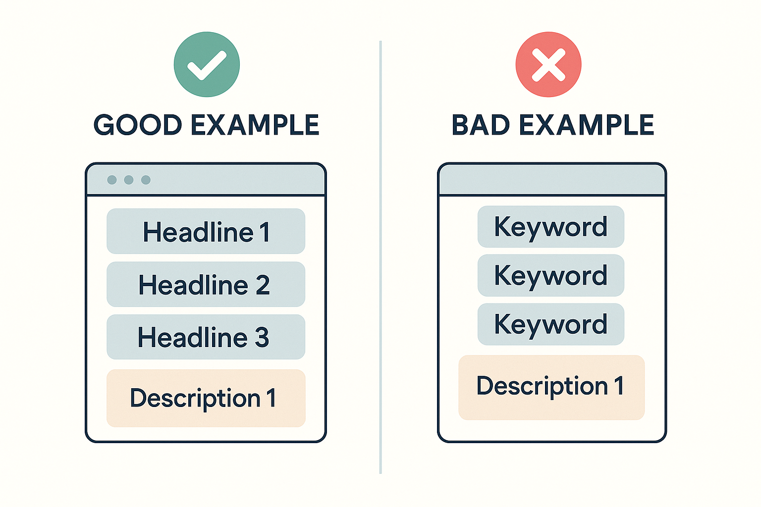 Side-by-side example of good vs bad Responsive Search Ad asset structure, with distinct headlines and description on the good side, and repetitive keyword-stuffed headlines on the bad side, marked with a green check and red cross respectively.