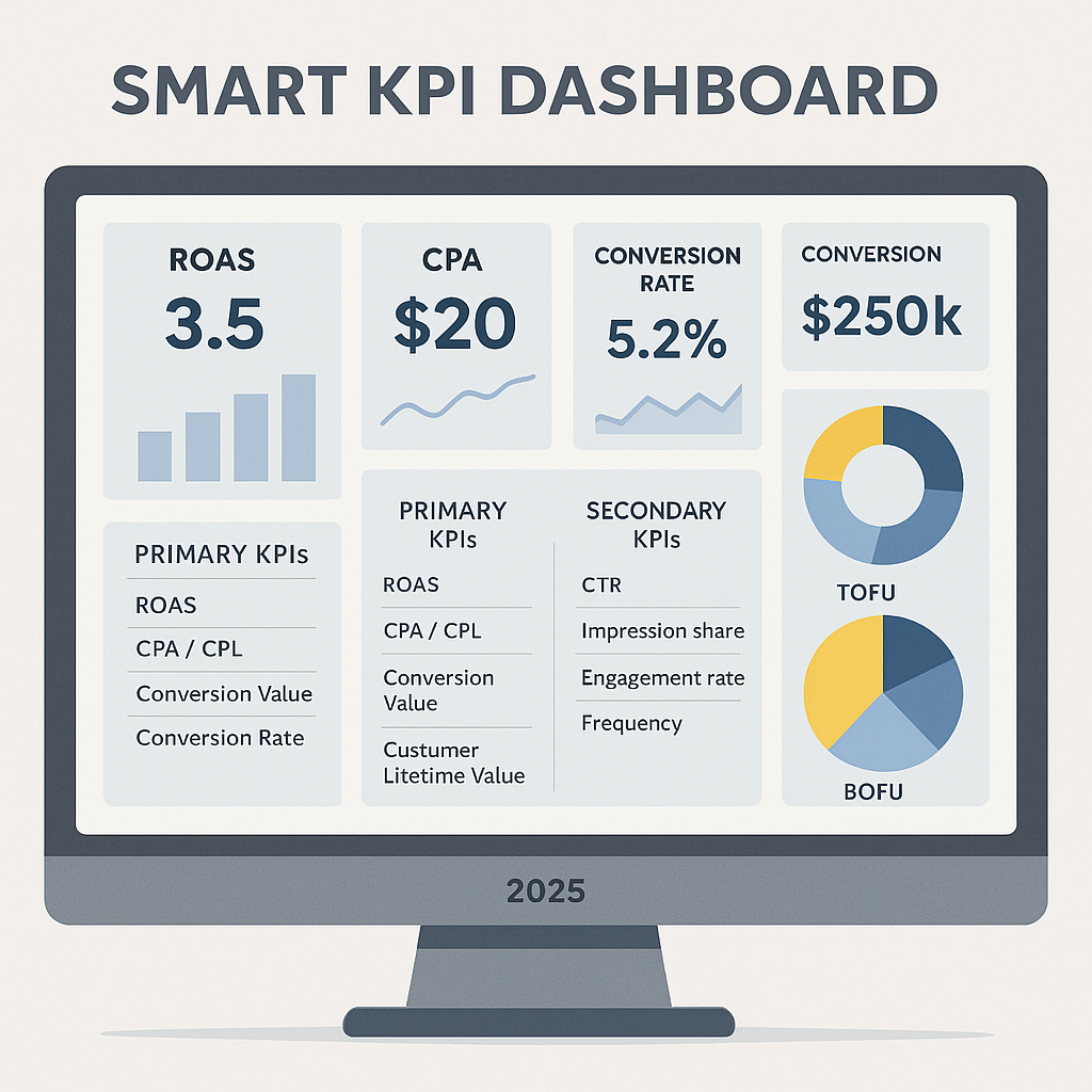 Mockup of a 2025 Looker Studio-style performance marketing dashboard displaying ROAS, CPA, conversion rate, conversion value, primary and secondary KPIs, and pie charts for TOFU and BOFU metrics.
