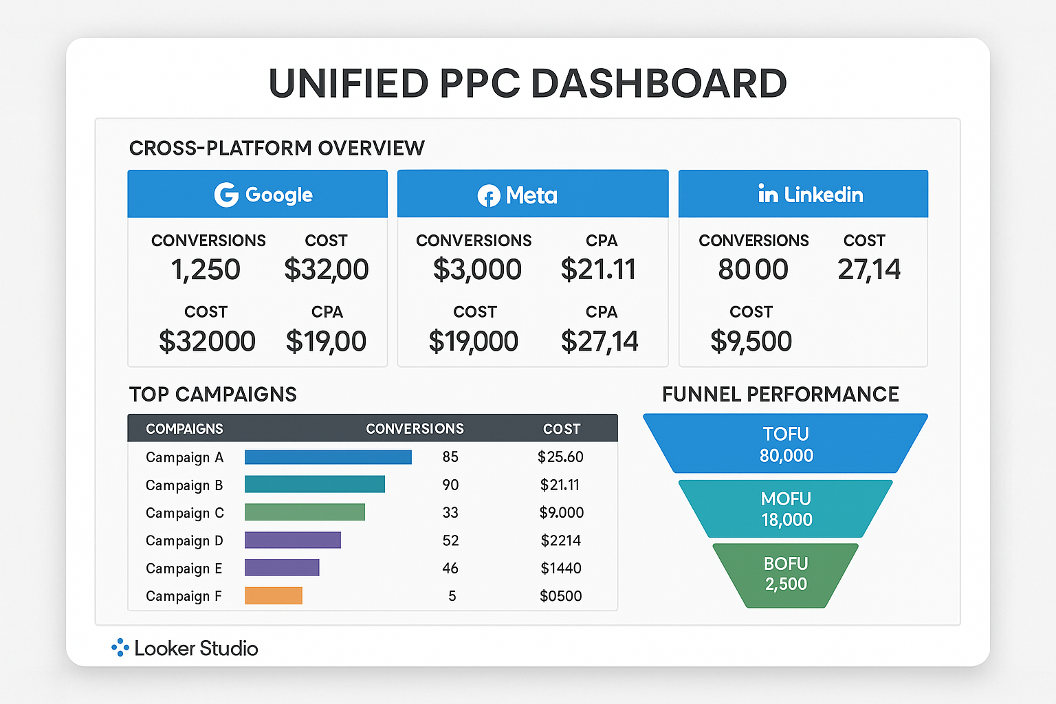 Mockup of unified Looker Studio PPC dashboard for 2025, displaying Google, Meta, LinkedIn metrics side by side, top campaigns with conversions and cost, and a funnel chart showing TOFU, MOFU, BOFU performance.